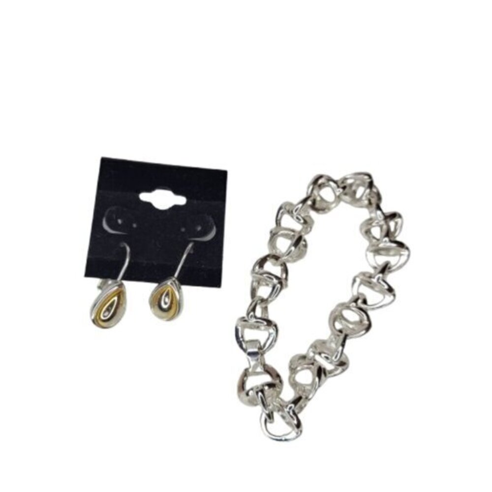 Jones New York Two Tone Teardrop Earrings and Silvertone Chain Bracelet